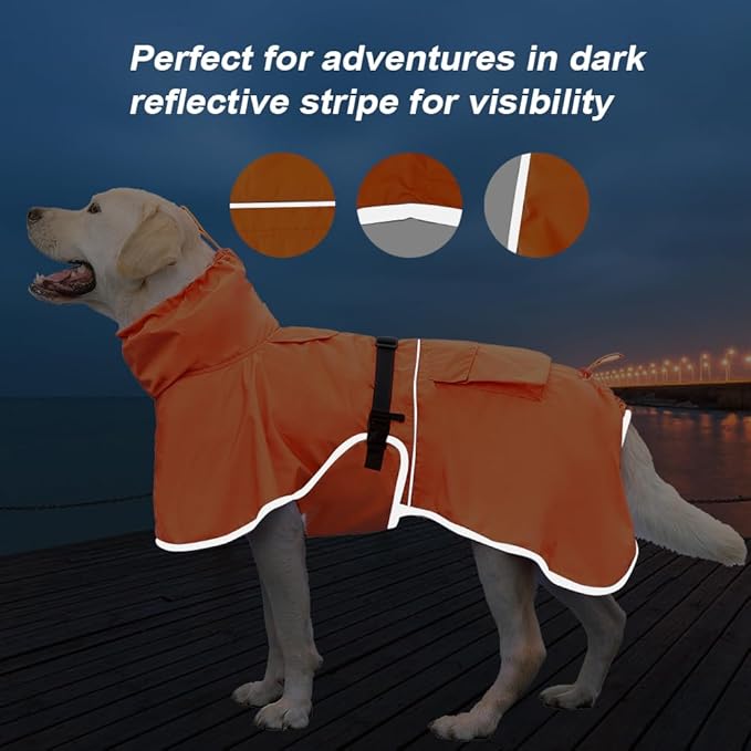 Reflective Dog Raincoat Waterproof Adjustable Dog Hooded Poncho Raincoat for Medium Large Dogs, Lightweight Pet Rain Jacket (Orange, 2XL)