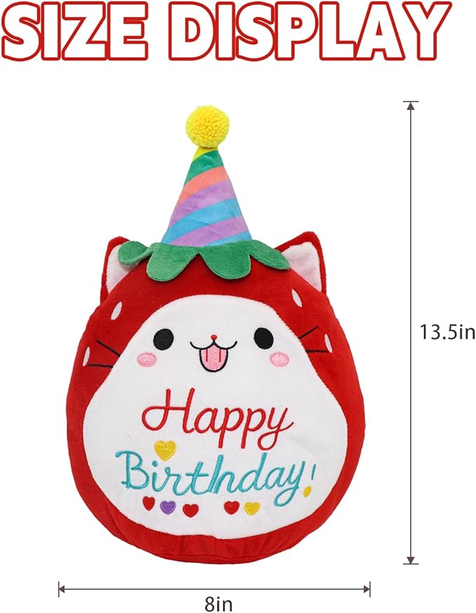 Strawberry Cat Plush Stuffed Animal Red Cat Plush Wear Birthday Hat Kawaii Stuffed Toys Soft Home Plushie Decoration Gifts for Boys Girls