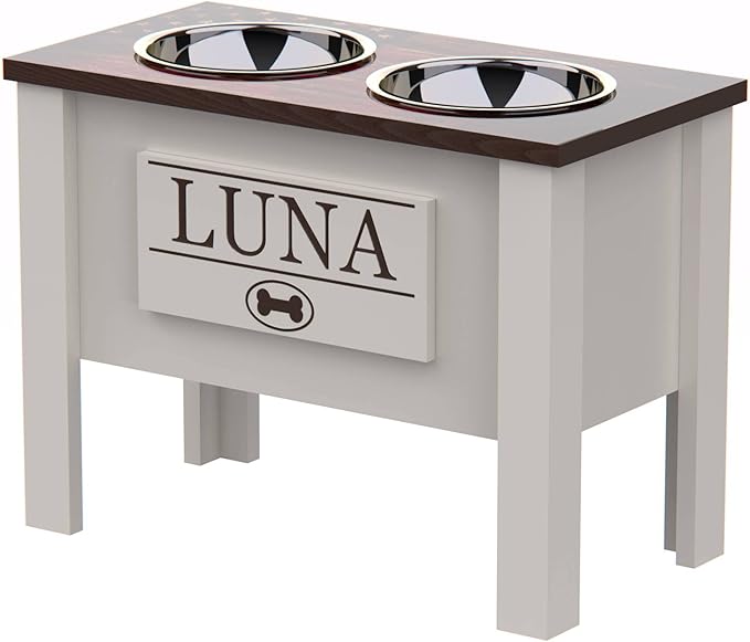 GrooveThis Woodshop - Personalized Elevated Dog Bowl Stand for Large, Medium, Small, X-Small Dogs - Stainless Steel Food and Water Bowls - Raised Dog Dish (X-Large, Flag Design)