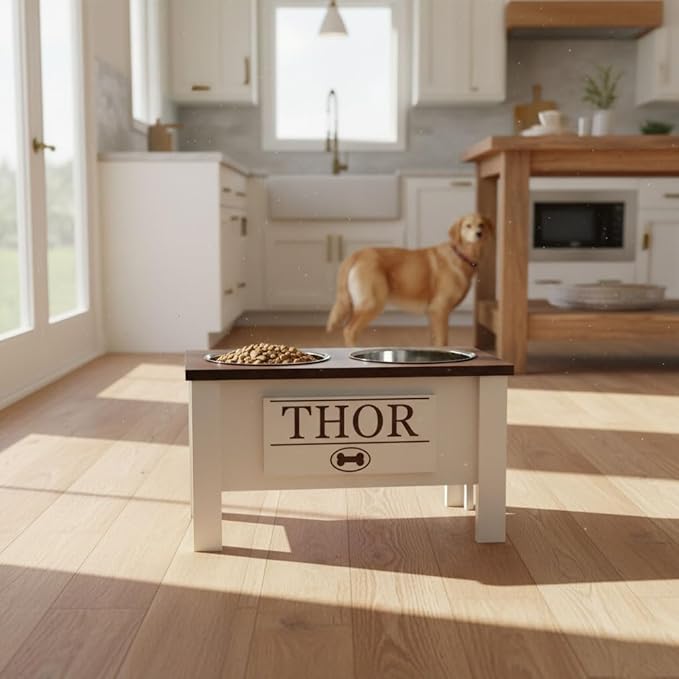 GrooveThis Woodshop - Personalized Elevated Dog Bowl Stand for Large, Medium, Small, X-Small Dogs - Stainless Steel Food and Water Bowls - Raised Dog Dish with Internal Storage (Large, Dark Walnut)