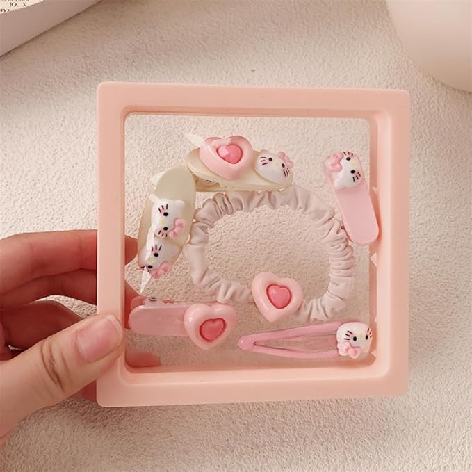 Hair Clips for Women, Acrylic Resin Hair Accessories set with Hairbands Colored Hair Ties, Flower, Rainbow, Little Bear Clips Cute pattern for Birthday Prom Cosplay Party (pink Love cat)