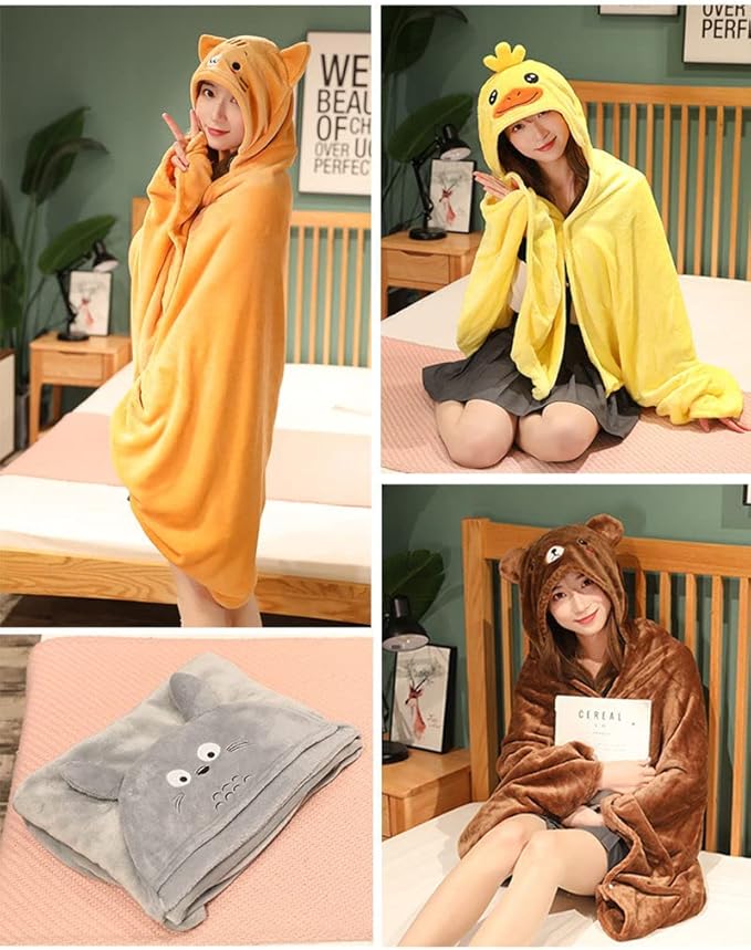 Cute Wearable Blanket Soft Cape for Adult Women Men Warm Cozy Hoodie Cute Animal Bear Cat Bunny Carpet Home
