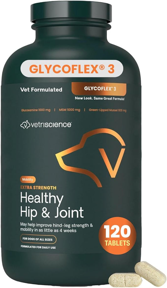 VetriScience Extra Strength Healthy Hip & Joint Chewable Tablets, GlycoFlex Glucosamine and Green-Lipped Mussel Joint Support Supplement for Dogs, Soothe Joint Discomfort, Chicken, 120 Count