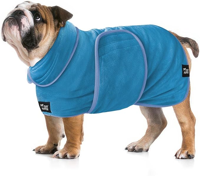 Tuff Pupper Fast Drying Dog Bath Robe | 800 GSM Plush Dog Towel Bathrobe/Dressing Gown | Super Absorbent Pet/Puppy Bathrobe | Adjustable Hood & Belly Strap | Super Soft | Fast Drying (L, Blue)