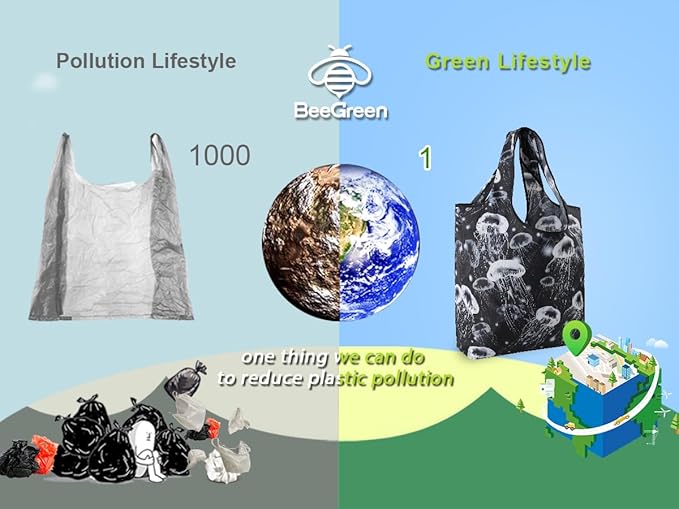 BeeGreen Raccoon Reusable Grocery Bags Frog Elephant Penguin Jellyfish Shopping Bags Bulk 50LBS X-Large Heavy Duty 6 Pieces