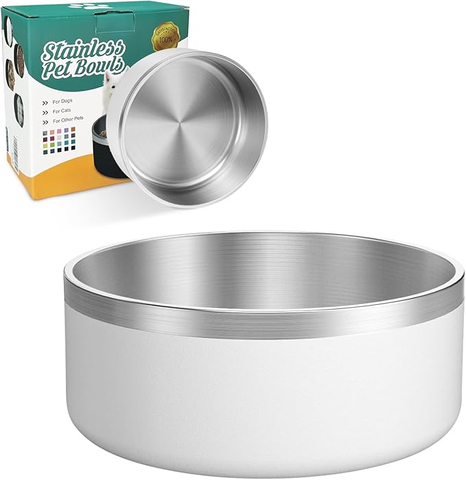 LIANLAI Stainless Steel Dog Bowls, Rust-Resistant Pet Bowls, Non Slip Dog Water Bowl, Versatile Feeding Bowls (White，64 oz)