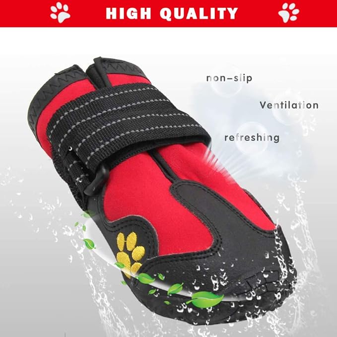 Dog Boots, Waterproof Dog Boots, Dog Rain Boots,Dog Booties with Reflective Rugged Anti-Slip Sole and Skid-Proof,Outdoor Dog Shoes for Medium to Large Dogs (Black-Red 4PCS).