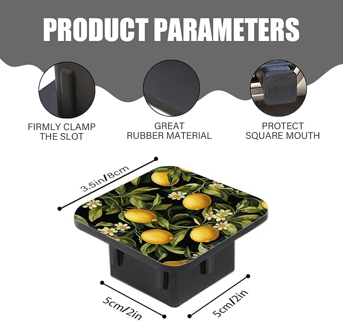 Hitch Cover Fits for 2-Inch Hitch,Lemon, Leaf and Flower Pattern On A Black Background Rubber Trailer Hitch Cover Tube Plug Insert,Car Exterior Accessories, Receiver Tube Hitch Plug