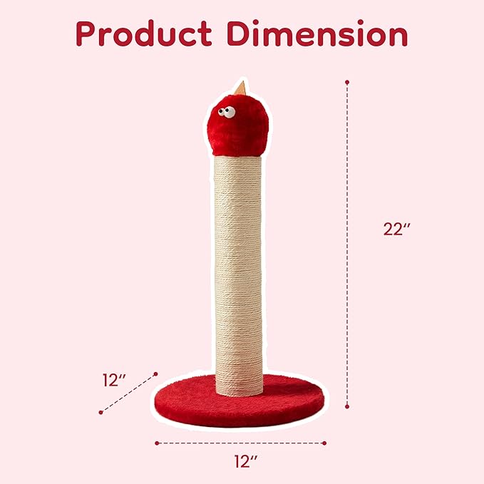 Indoor Cat Scratching Post: 22 in Tall Cat Scratcher with Natural Sisal Rope, Cute Monster Design Kitty Pet Tower with Sturdy Wood Base, Great Gift for Small and Large Kittens, Red