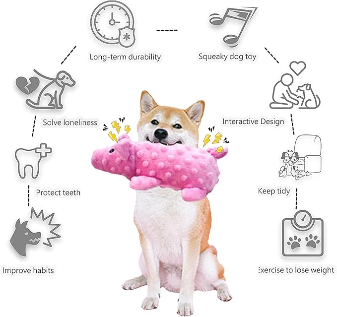 Squeaky Dog Toys Plush Dog Toy with Crinkle Paper Stuffed Durable Dog Chew Toys for Small Middle and Large Dogs Pig Purple