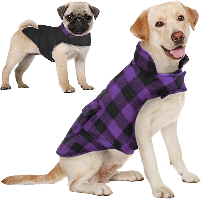 AOFITEE Dog Coat Plaid Dog Winter Coat for Large Dogs, Warm Dogs Jacket Christmas Sweater, Waterproof Pet Puffer Jacket, Reversible Pet Cold Weather Coats for Small Medium Large Pets, Purple XXL