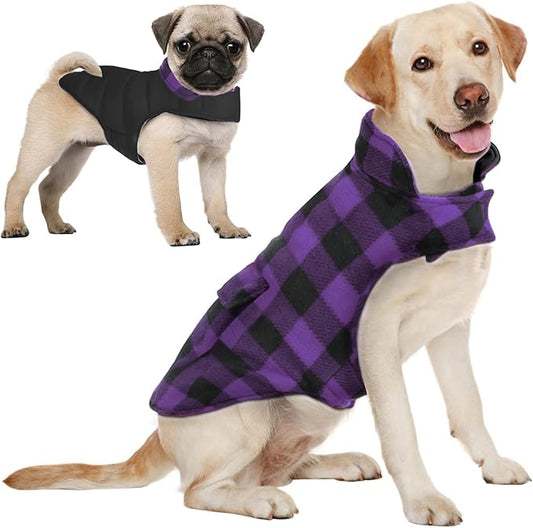 AOFITEE Dog Coat Plaid Dog Winter Coat for Small Dogs, Warm Dogs Jacket Christmas Sweater, Waterproof Pet Puffer Jacket, Reversible Pet Cold Weather Coats for Small Medium Large Pets, Purple L