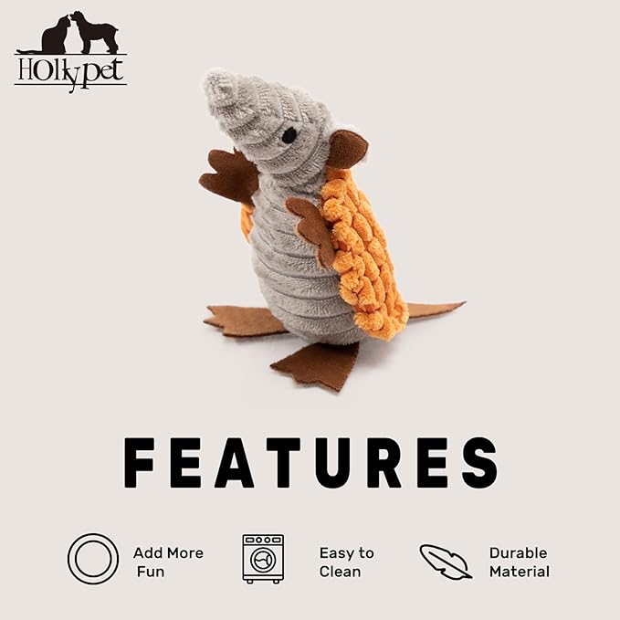 Hollypet Plush Dog Squeaky Toy Stuffed Armadillo Animal Pet Puppy Chew Toys with Clean Teeth for Small Medium Large All Breed Sizes Dogs, Orange,6 in