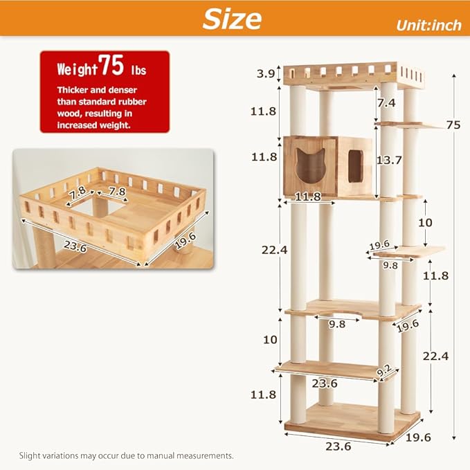 74" Wooden Cat Tree Tower for Large Cats, Multi-Level Cat Climbing Furniture with Scratching Posts, Cat Condo & Hammock, Natural Wood Cat Activity Center(White)