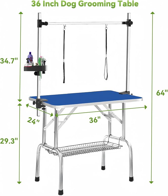 36" Large Dog Grooming Table, Non-Slip Tabletop with Adjustable Armrests, Lasso, Tool Organizer, Grid Tray, Foldable Home Pet Station, Maximum Weight Capacity 330 lbs,Blue