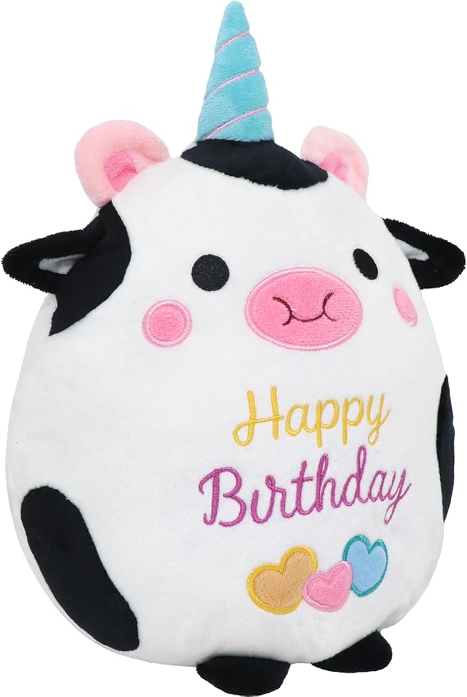 Cow Plush Toy 10 Inch Cute Cow Birthday Stuffed Animal Soft Cow Plushies Pillow Wear Unicorn Birthday Hat Kawaii Cartoon Doll Gifts for Kid Toddlers Home Room Decoration
