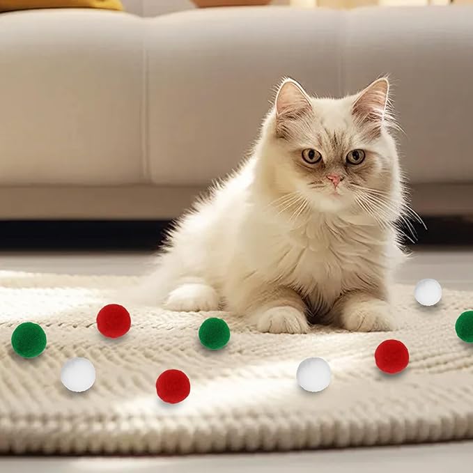 Andiker Cat Toy Balls Set, 30pcs Plush Cat Pom Pom Balls and a Plastic Launcher Set for Kitten Catch&Fetch Interactive Cat Toy with Colorful and Soft Cat Ball for Indoor Cats to Keep Fit (Green 30pcs)