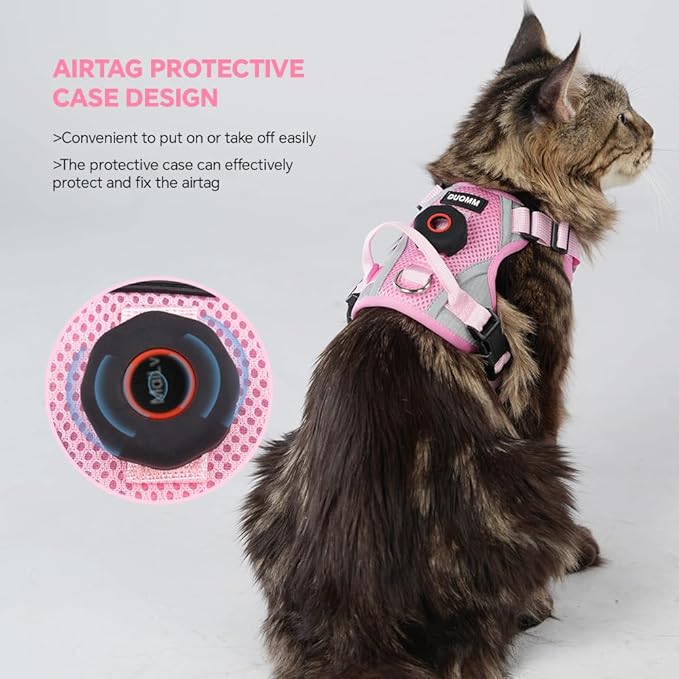 Cat Harness and Leash Set with AirTag Holder: Upgraded Escape Proof Vest with Lead for Small Dog Puppy Large Cat Walking，Soft Breathable Mesh Coat with Reflective Strip (Pink, S)