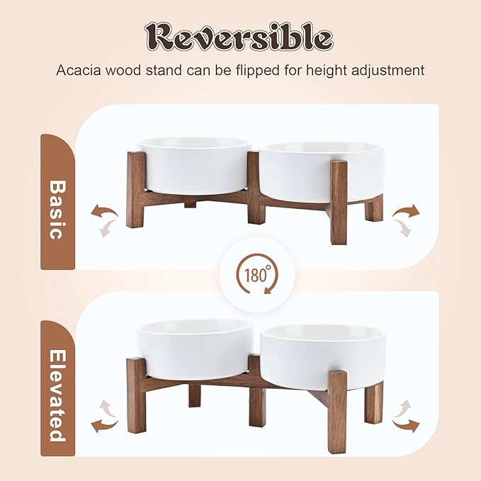 SPUNKYJUNKY Acacia Wood Stand Dog Bowl Set Raised, Ceramic Dog Food & Water Bowl for Medium Dogs (28.74 OZ, White)