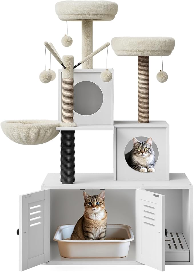 Litter Box Enclosure with Tree Tower, Condo, Cat Brush Post, and Passage, Hidden Washroom Furniture with Sisal Scratching Post & Soft Plush Perch, Wooden Multi-Platform Cat Furniture, White