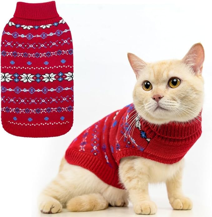 BINGPET Cat Clothes Turtleneck Knitted Sleeveless Sweater, Cute Kitten Puppy Apparel with Snow Pattern, Sphynx Cat Clothes for Cold Weather (Red, Small)