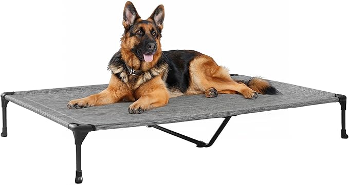 Veehoo Outdoor Elevated Dog Bed Large Sized Dogs, XL Cooling Raised Dog Cots Beds Training Platform Off Ground Hammock with Breathable Mesh, No-Slip Feet, 49"x33", Black Silver