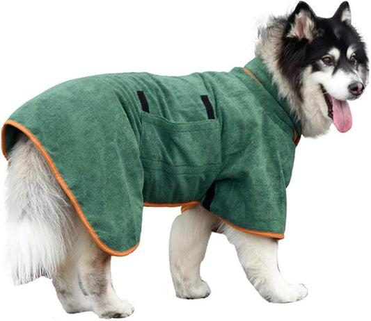 Dog Drying Coat Bathrobe Towel, Microfibre Material Fast Drying Super Absorbent Dog Bath Robe, Pet Quick Drying Moisture Absorbing with Adjustable Collar and Waist