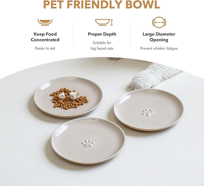 6.1'' Ceramic Wide Cat Dishes, Set of 3 Ceramic Cat Bowls, Indoor Kitten Feeding Wet & Dry Shallow Food Dish Anti Whisker Fatigue(3 Pcs)