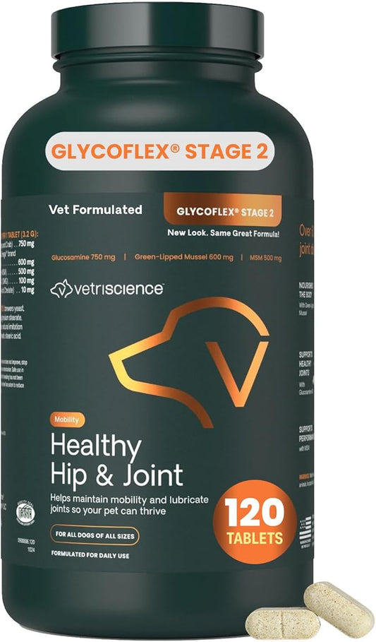 VetriScience Healthy Hip & Joint, GlycoFlex 2 for Dogs – Vet Formulated Glucosamine, MSM & Green-Lipped Mussel Tablets to Support Mobility, Flexibility & Joint Health, 120 Cnt