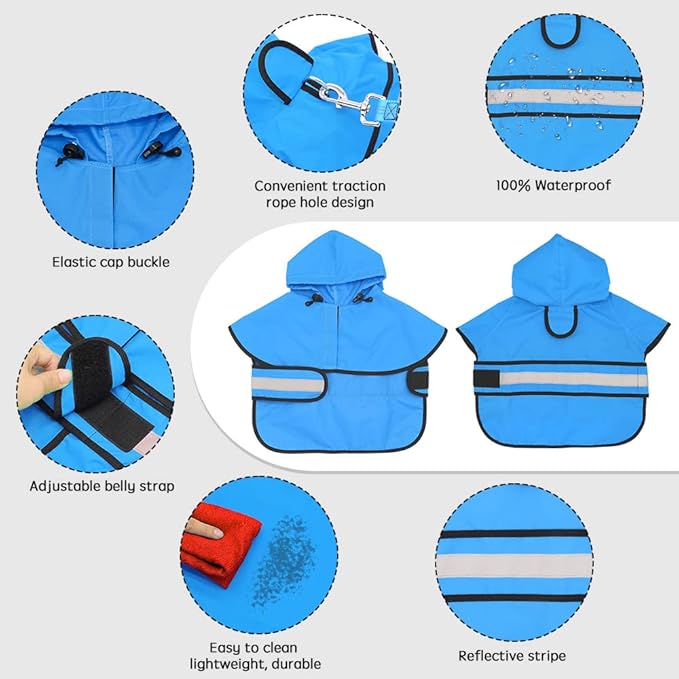 Candofly Dog Raincoat Hooded Poncho - Adjustable Waterproof Dog Rain Jacket Lightweight Reflective Dog Rain Coat Pet Slicker for Small Medium Large Dogs (Large, Sky Blue)