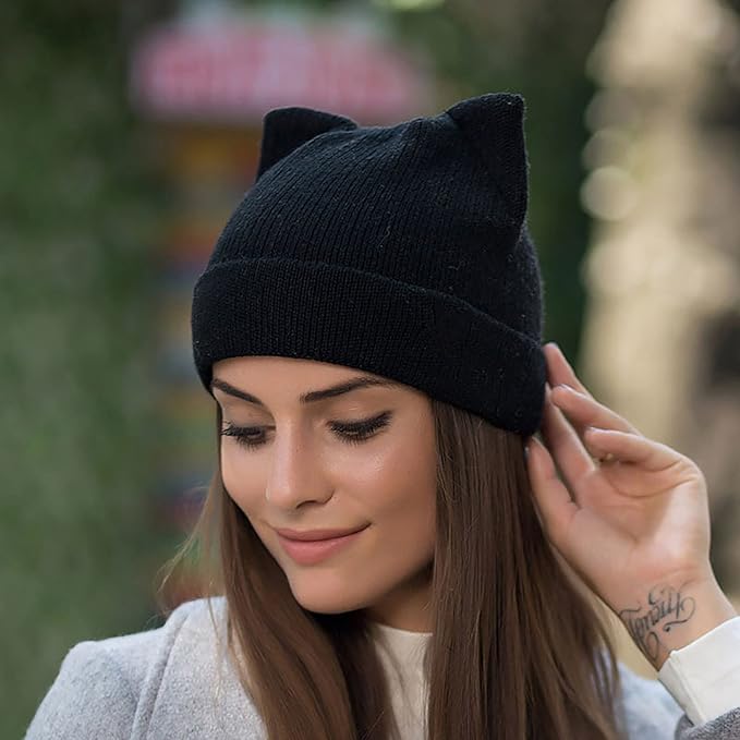 Cat Ear Beanie for Women Girls, Autumn Winter Knit Cuff Beanie Hip Hop Beanie Hat Cat Crochet Ski Cap