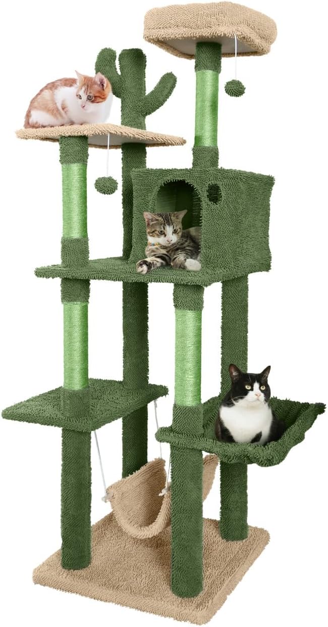 CAPHAUS Cactus Cat Tree for Indoor Cats, Cute 70-Inch Cat Climbing Play Tower with Top Perch for Large Cats Kittens, Multi-Level Cat Activity Tree with Scratching Posts, Hammock, Cat Cave Condo