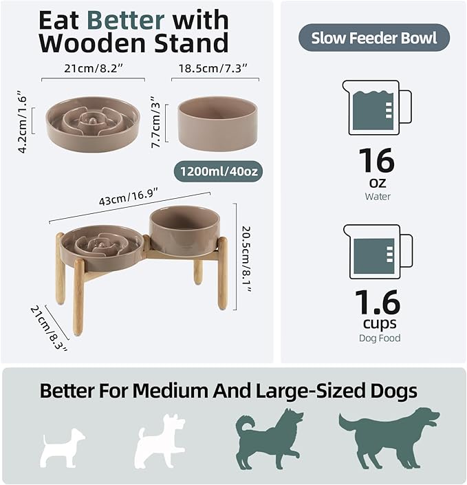 Ceramic Raised Slow Feeder Dog Bowl Set, Elevated 7.3inch Bowl and 8.2inch Puzzle Slow Dish with Wooden Stand for Medium and Large Dog, Anti-Gulping (2X Brown Coffee+ Stand)