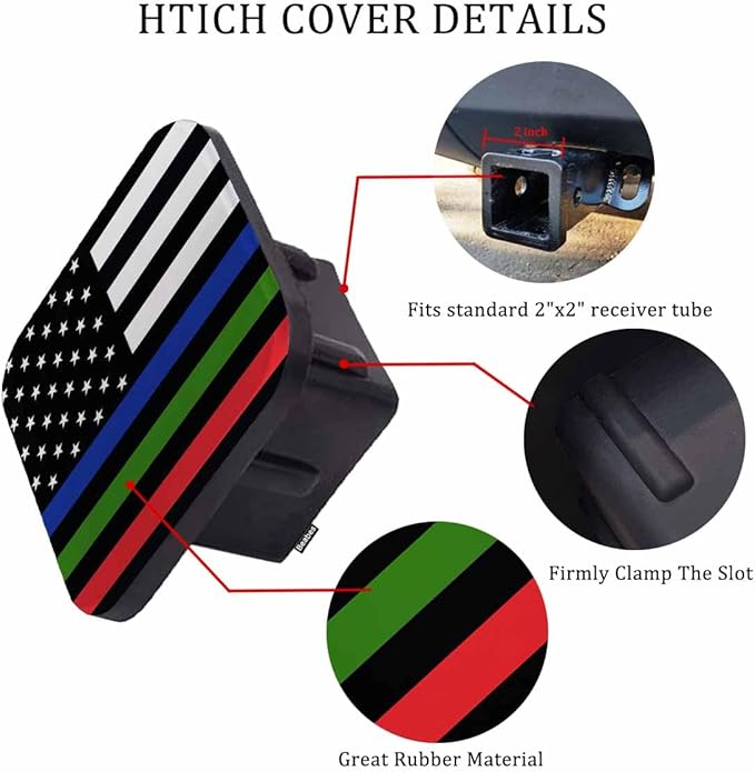 Hitch Cover 2" American Flag, Thin Red Green Blue Line Memorial USA Flag Rubber Receiver Tube Hitch Plug Truck Hitch Covers, Trailer Hitch Cover Plug Cap for Most Vehicles