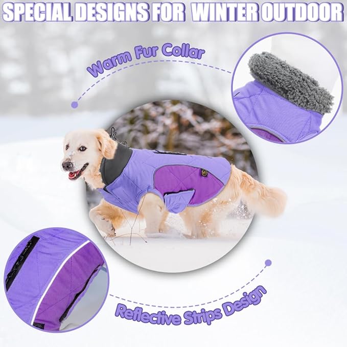 EMUST Dog Winter Coats, Windproof Dog Jackets for Cold Weather with Lofty Collar, Reflective Puppy Clothes for Small Pet Clothes for Dogs, Mix-Purple, S