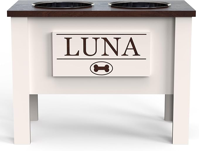 GrooveThis Woodshop - Personalized Elevated Dog Bowl Stand for Large, Medium, Small, X-Small Dogs - Stainless Steel Food and Water Bowls - Raised Dog Dish (X-Large, Brown)