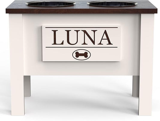 GrooveThis Woodshop - Personalized Elevated Dog Bowl Stand for Large, Medium, Small, X-Small Dogs - Stainless Steel Food and Water Bowls - Raised Dog Dish (X-Large, Brown)