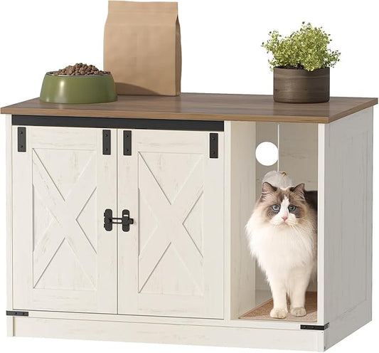 Cat Litter Box Enclosure, Hidden Litter Box Cabinet Furniture with Bell, Indoor Cats House, Farmhouse Style, 31.5 x 19.7 x 20.9Inches, for Hallway, Bedroom, Rustic Brown and White CB82414X