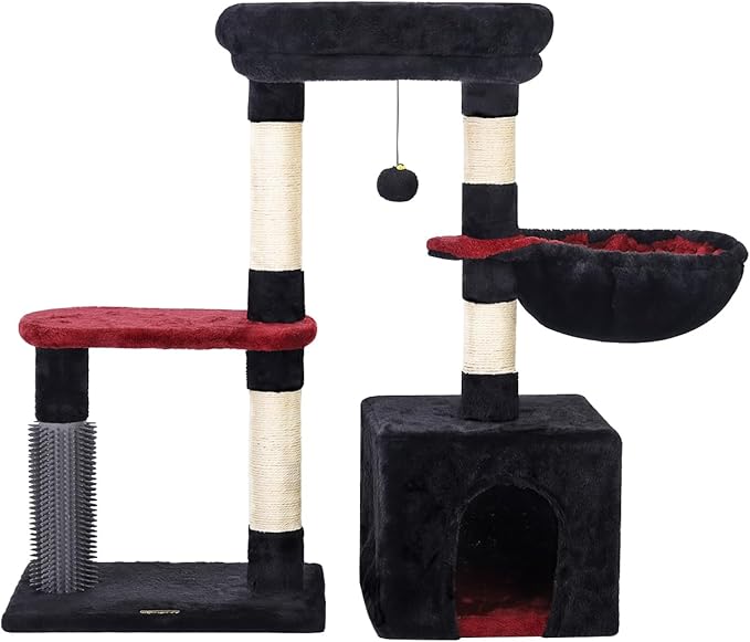 Hoopet 32-Inch Gothic Cat Tree for Indoor Cats – Black & Red Small Cat Tower with Sisal Scratching Posts, Cozy Condo, Plush Perch & Dangling Ball – Ideal for Kittens & Small Cats