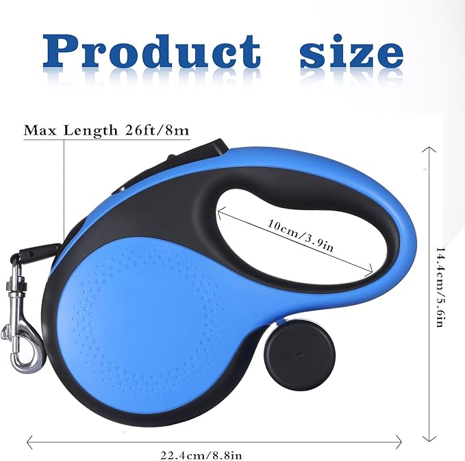 Retractable Dog Leash 26ft,Chew-Proof Heavy-Duty Pet Leash for Medium/Large Breed up to 110 lbs, 360° Tangle-Free Long Retract Dog Lead,with Poop Bag Dispenser, One-Hand Brake (Blue)