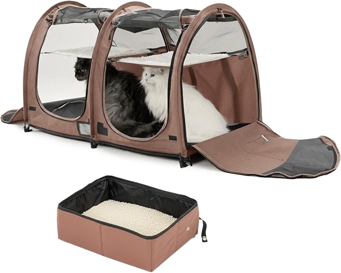 Mispace Portable Twin Compartment Show House Cat Cage/Condo - Easy to Fold & Carry Kennel - Comfy Puppy Home & Dog Travel Crate with Portable Carry Bag/Two Hammocks/Mats and Collapsible Litter Box