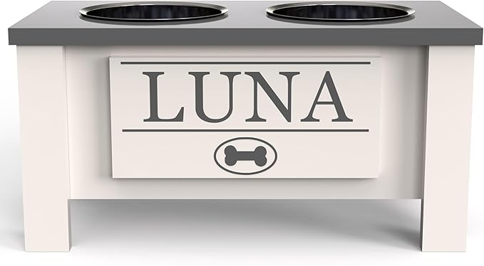 GrooveThis Woodshop - Personalized Elevated Dog Bowl Stand for Large, Medium, Small, X-Small Dogs - Stainless Steel Food and Water Bowls - Raised Dog Dish with Internal Storage (Medium, Grey)