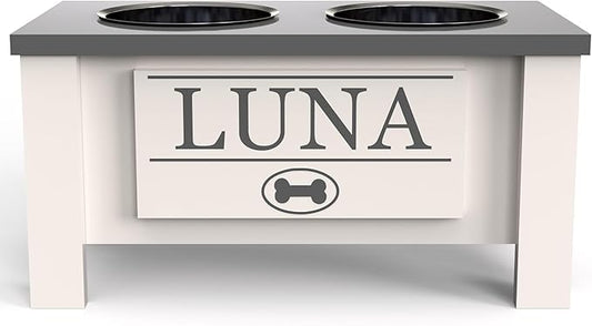 GrooveThis Woodshop - Personalized Elevated Dog Bowl Stand for Large, Medium, Small, X-Small Dogs - Stainless Steel Food and Water Bowls - Raised Dog Dish with Internal Storage (Medium, Grey)