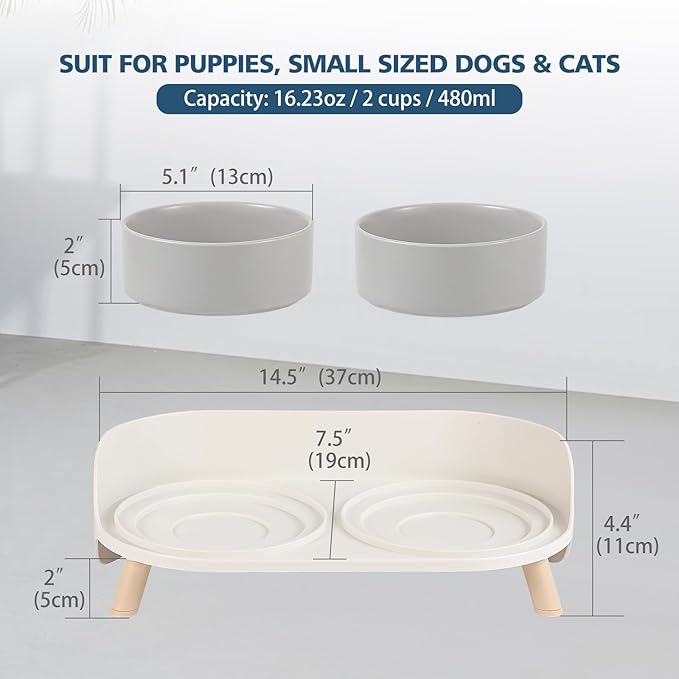 Elevated Ceramic Cat Bowl Set - Raised Double Dishes for Food & Water - Non-Slip Stand & Splash Proof - for Cats & Puppies - 2 x 480 ML - 16.23 OZ