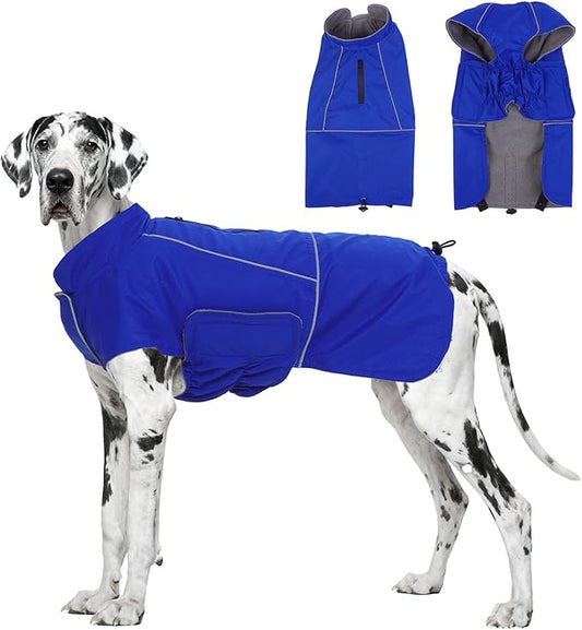 ROZKITCH Great Dane Costumes, Waterproof Windproof Dog Rain Jacket with Fleece Liner and Leash Hole Reflective Strip for Large Giant Dog, Adjustable Poncho Vest for Outdoor Hiking Travel Blue 4XL