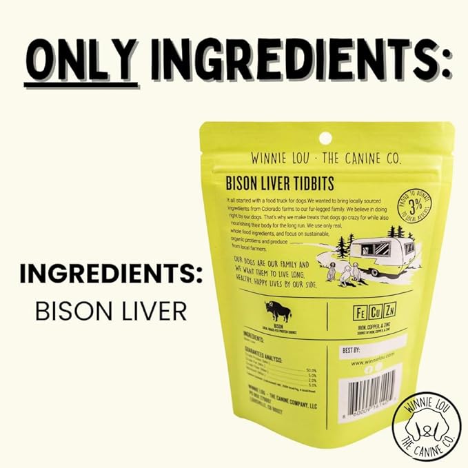 Winnie Lou The Canine Co. Freeze Dried Bison Liver Tidbits - Single Ingredient, Human-Grade, No Artificial Flavors or Fillers, Perfect for Training (Pack of 1)