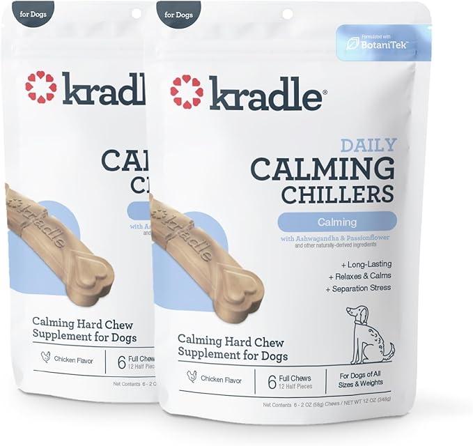 Kradle Chillers Hard Chews for Dogs - GABA L-Theanine - Occasional Anxiety Support - Chicken Flavor - 12 Hard Chews