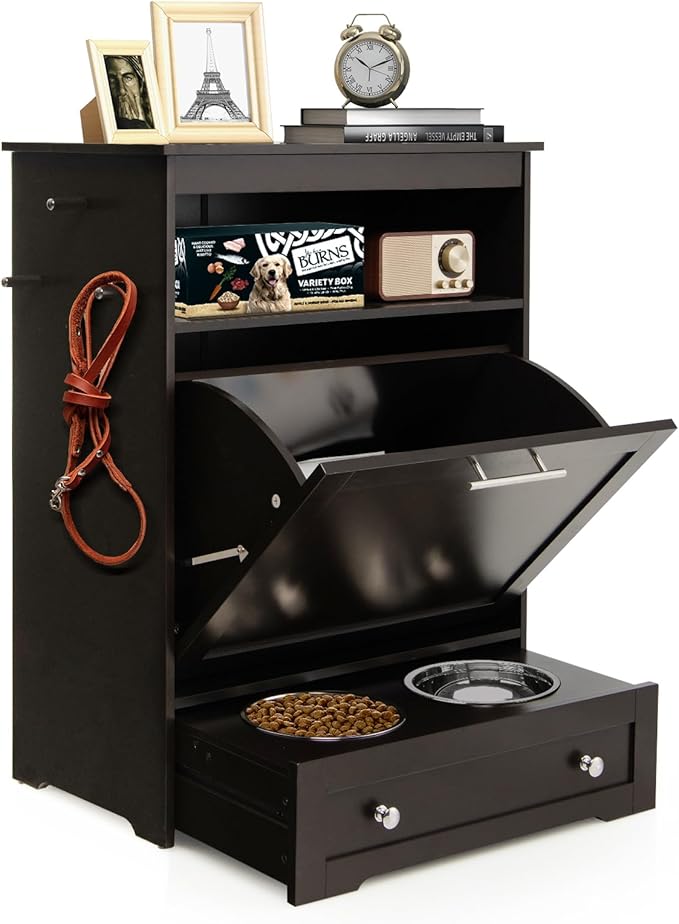 Dog Food Cabinet Feeding Station with 2 Raised Bowls, Pull Out Elevated Dog Bowl, Storage, 3 Hangers, Pet Feeder Toy Leashes Organizer, Brown