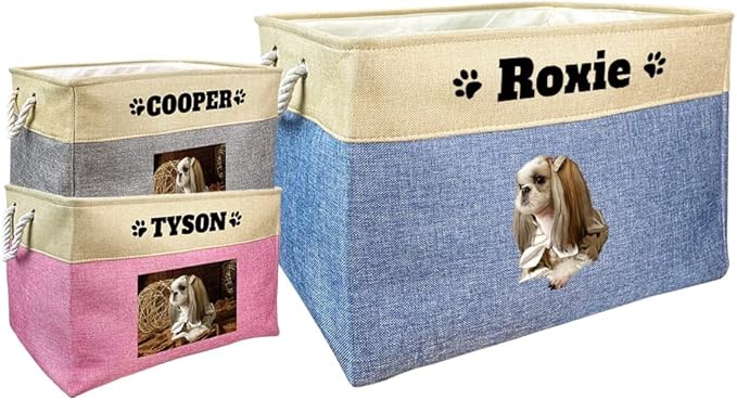 Custom Dog Basket for Toys Collapsible Storage Bin Grey Pink Blue Rectangular Pet Storage Organizer Box with Handles Extra Large Customized Name & Photo