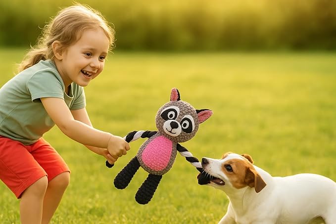 Plush Raccoon Dog Toy with Rope Arms, Squeaky Interactive Pet Toy, for Small & Medium Dogs